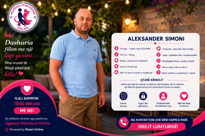 Aleksanderi, 36 vjeç, është i përgjegjshëm, familjar dhe i fokusuar në ndërtimin e së ardhmes. Alexander, 36, is responsible, family-oriented, and focused on building a secure future.
