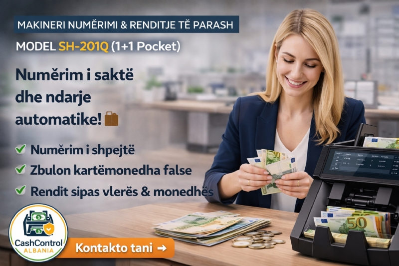 Makineri per Renditje Parash, Modeli SH-201Q nga Cash Control Albania,  pajisje moderne automatizim i arkes dhe reduktim gabimesh, Paisje per numerim te shpejte cash, pajisje automatike me sistem numerimi, makineri inteligjente numerimi