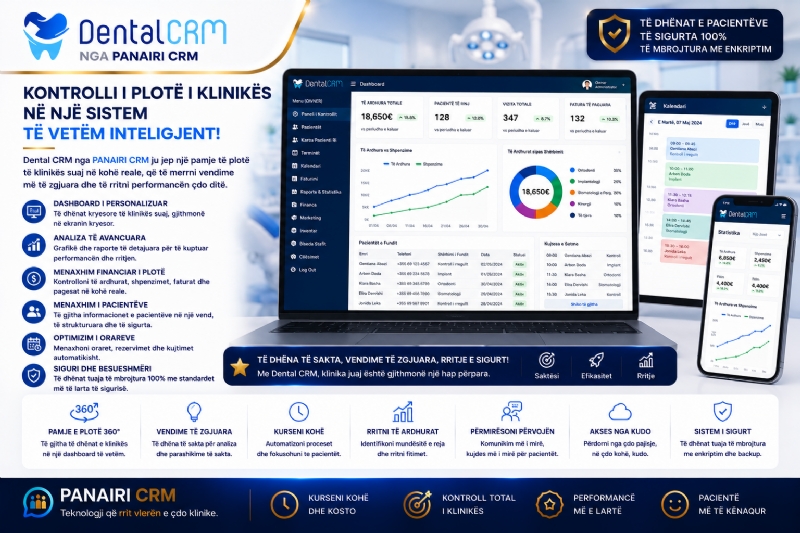 PANAIRI CRM transformon mënyrën si menaxhohen klinikat dentare me DENTAL CRM dhe kontroll të plotë mbi pacientët e financat.
