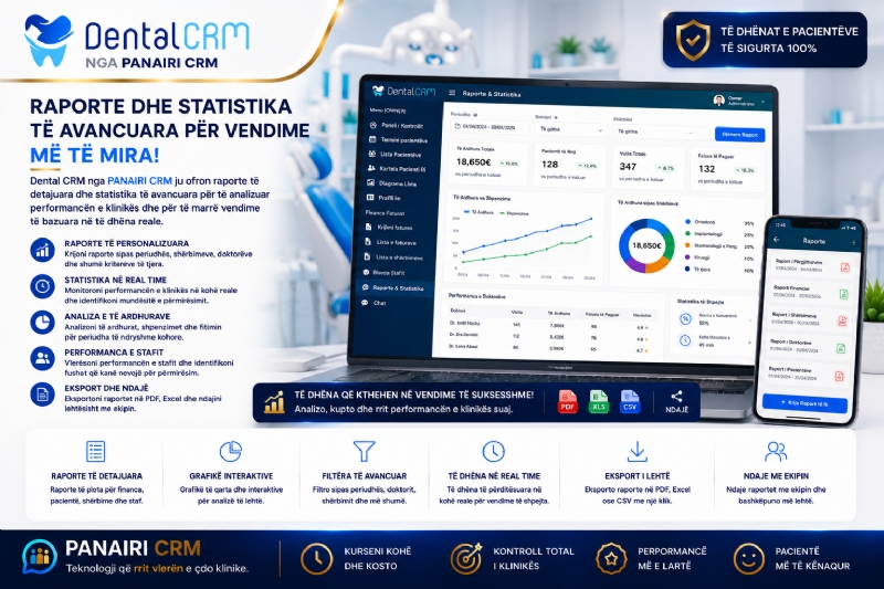 Vetëm klinikat që investojnë në organizim modern po rrisin performancën dhe reputacionin. PANAIRI CRM sjell këtë avantazh me DENTAL CRM.
