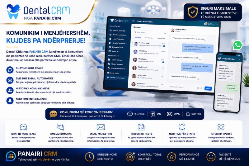 A kërkoni një sistem profesional për klinikën tuaj? PANAIRI CRM ofron DENTAL CRM me menaxhim modern dhe siguri maksimale.